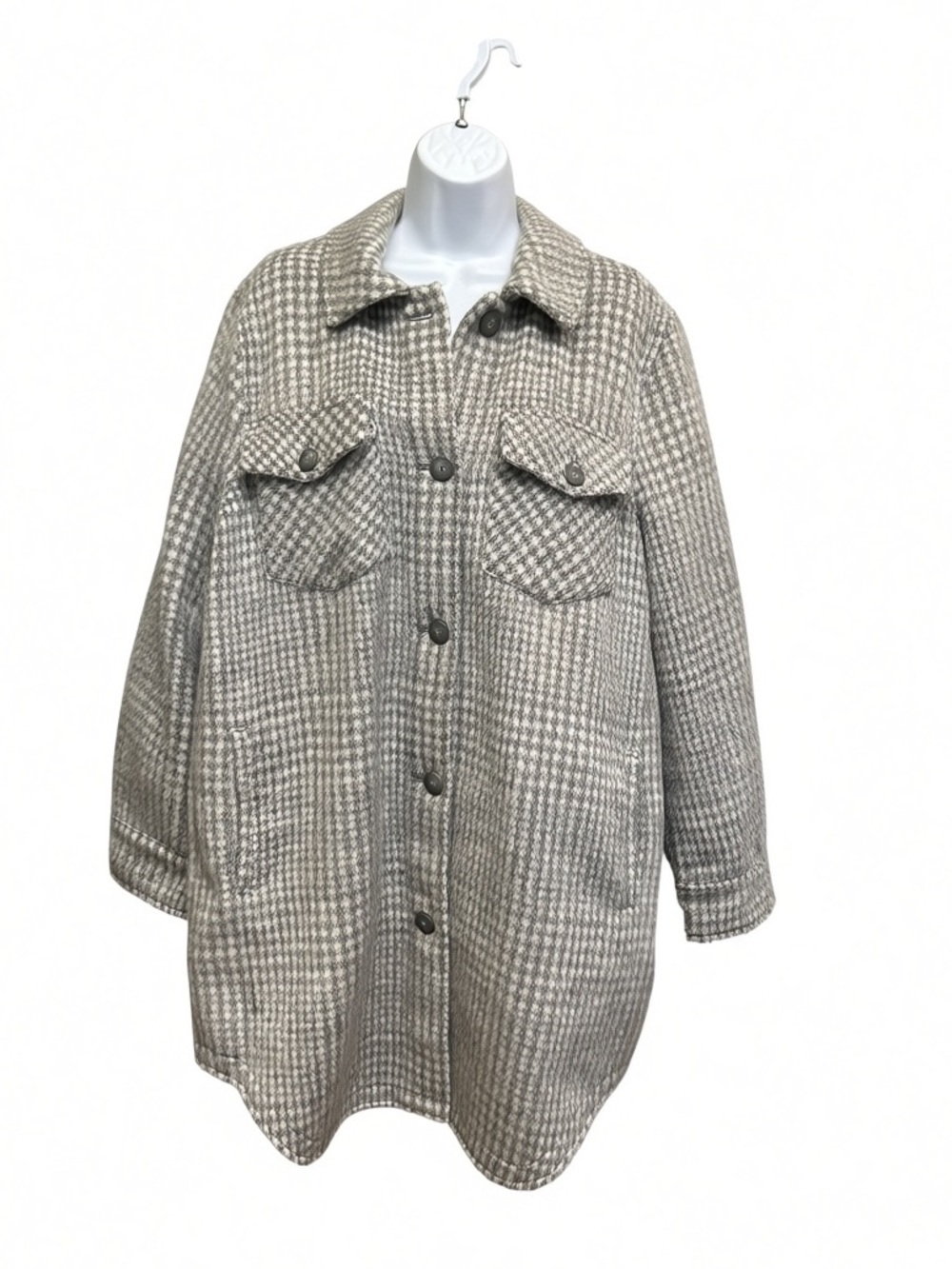 Kismet Houndstooth Cozy Gray White Plaid Longline Shacket Jacket Size L